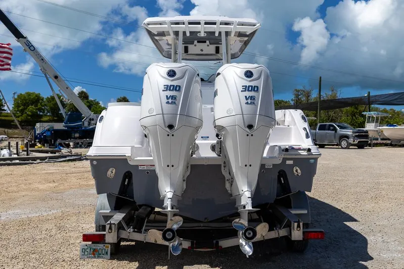  Yacht Photos Pics 2026 Sea Fox 288 Commander boat with twin 300 V6 engines on a trailer.