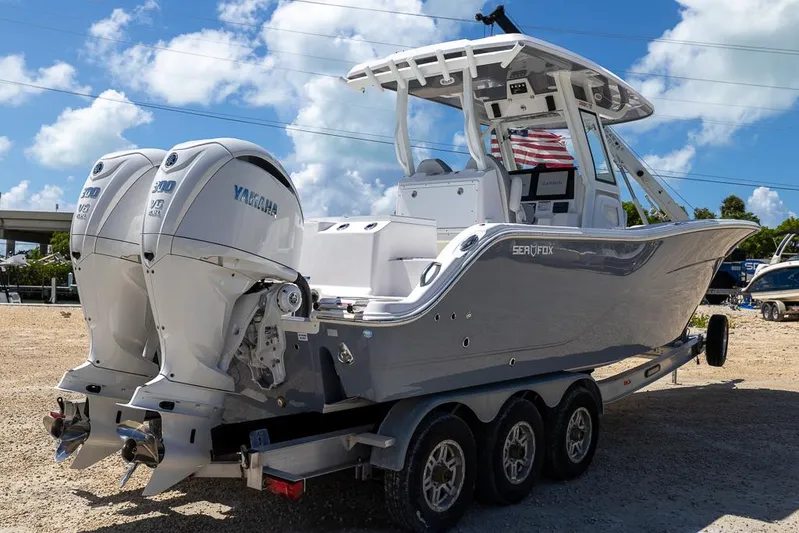  Yacht Photos Pics 2026 Sea Fox 288 Commander boat with twin Yamaha engines on a trailer.