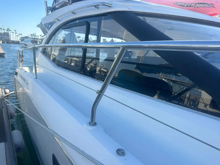 Le Bon Vie Yacht Photos Pics 2016 Jeanneau Leader 36 yacht docked at marina, side view.