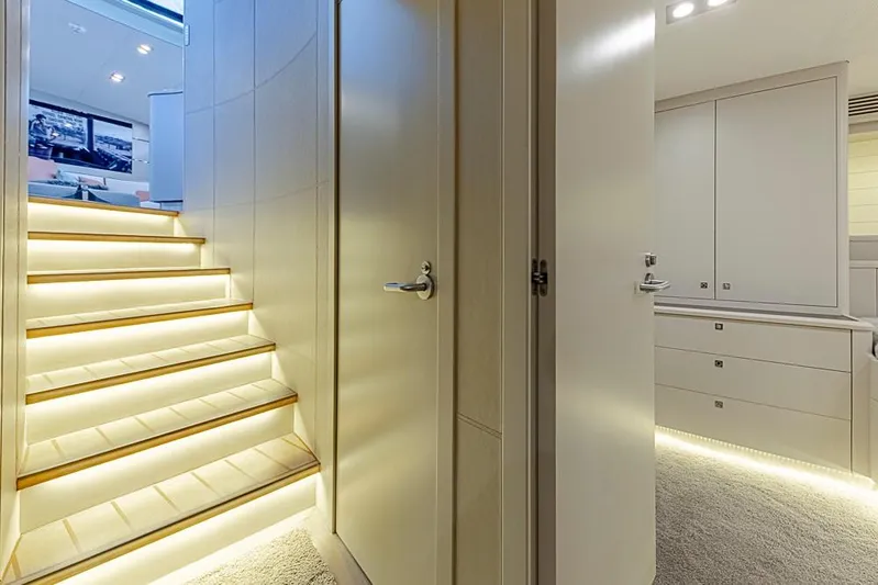 My Star Yacht Photos Pics Luxurious interior of 1994 Alloy Yachts Sloop with illuminated stairs and modern design.