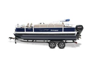 2024 Ranger 200F pontoon boat on trailer, side view, blue and white design.
