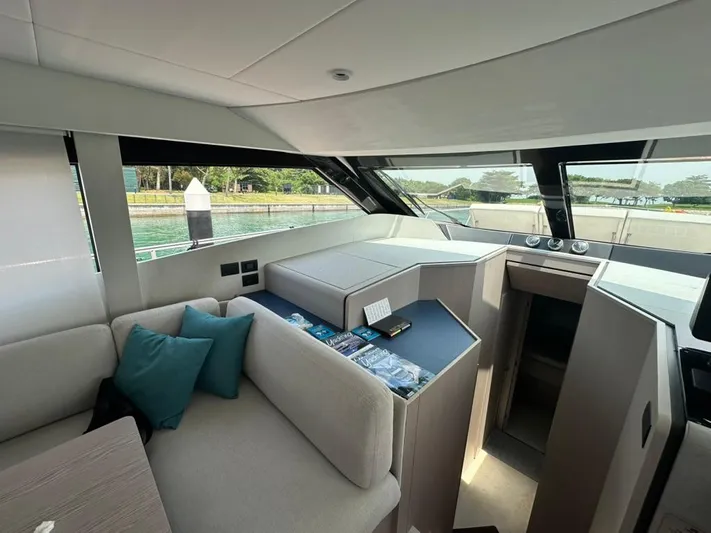  Yacht Photos Pics Interior of 2023 Ferretti Yachts 500, featuring modern seating and large windows.