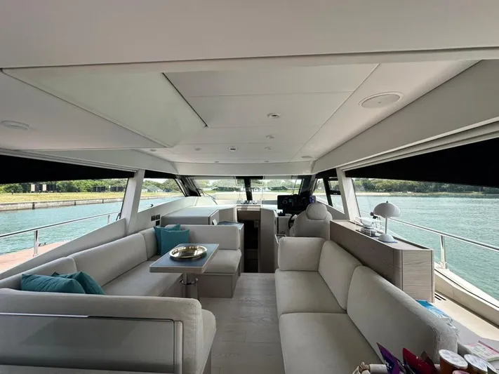  Yacht Photos Pics Luxurious interior of 2023 Ferretti Yachts 500 with elegant seating and panoramic windows.