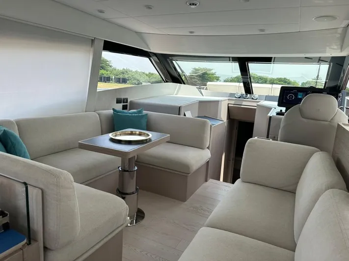  Yacht Photos Pics Luxurious interior of 2023 Ferretti Yachts 500 with modern seating and helm.