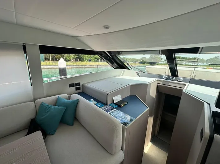  Yacht Photos Pics Interior of 2023 Ferretti Yachts 500, featuring modern seating and panoramic windows.