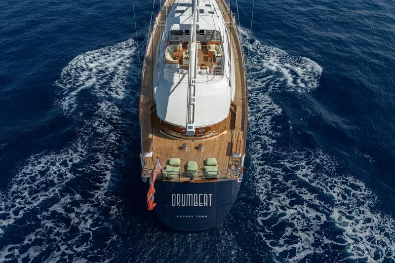 Drumbeat Yacht Photos Pics Aerial view of 2002 Alloy Yachts Sailing Ketch DRUMBEAT cruising on open sea.