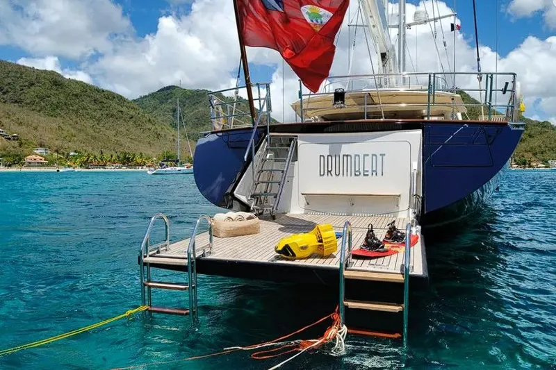 Drumbeat Yacht Photos Pics Luxury sailing yacht "Drumbeat" by Alloy Yachts, 2002, anchored in scenic coastal waters.