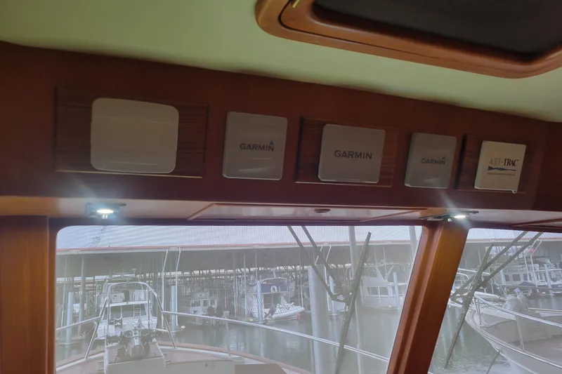 Miss Daisy Yacht Photos Pics Pilothouse interior of 2005 Fleming boat with Garmin and ABT-TRAC equipment.