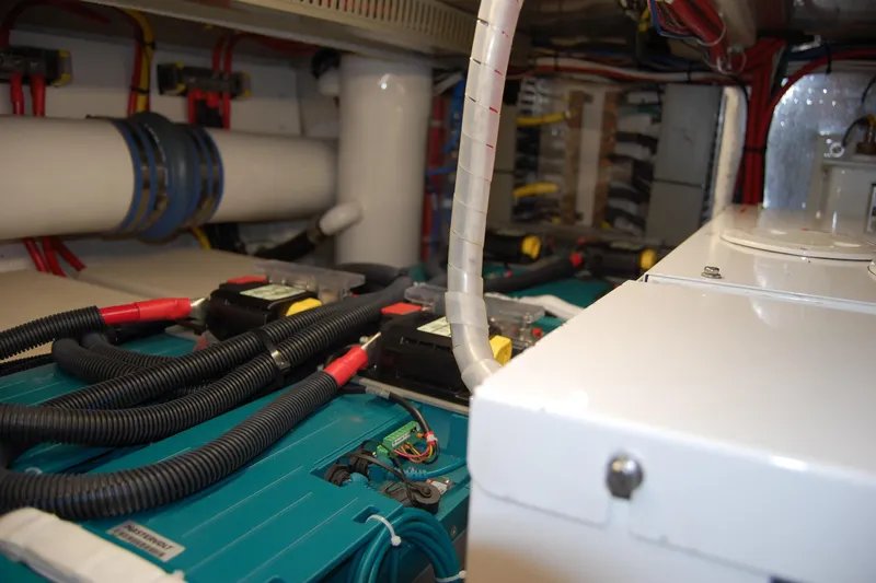 Miss Daisy Yacht Photos Pics Engine room of a 2005 Fleming boat with wiring and components.