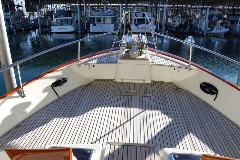 Miss Daisy Yacht Photos Pics Bow of a 2005 Fleming yacht docked in a marina.