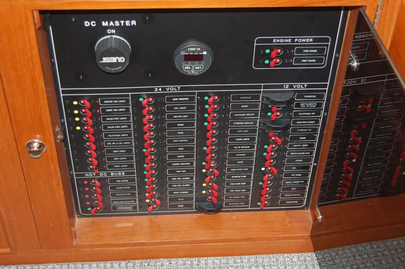Miss Daisy Yacht Photos Pics Electrical control panel on a 2005 Fleming boat, featuring switches and indicators.