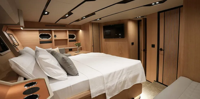  Yacht Photos Pics Luxurious 2023 Gulet yacht cabin with modern design and cozy bedding.