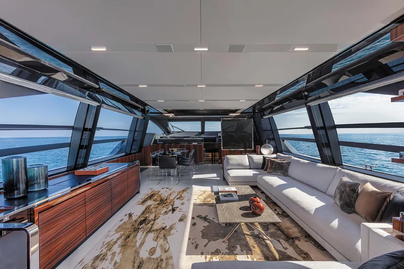  Yacht Photos Pics Luxurious interior of 2025 Riva Folgore yacht with modern design and panoramic ocean views.