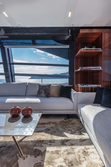  Yacht Photos Pics Luxurious interior of 2025 Riva Folgore yacht with ocean view and elegant furnishings.