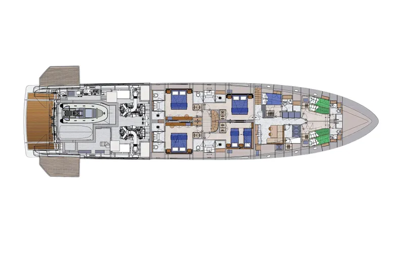M/y K2 Yacht Photos Pics 2024 Sanlorenzo SD118 yacht floor plan with detailed cabin and deck layout.