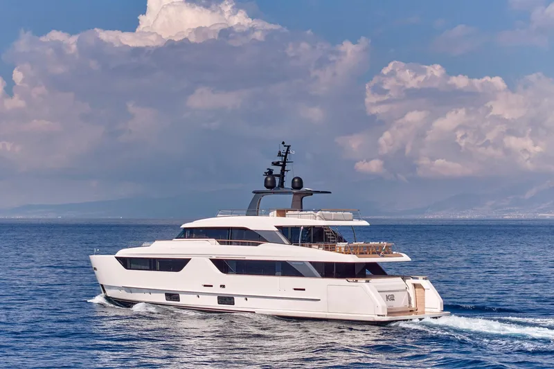 M/y K2 Yacht Photos Pics 2024 Sanlorenzo SD118/156 yacht cruising on open sea under cloudy sky.