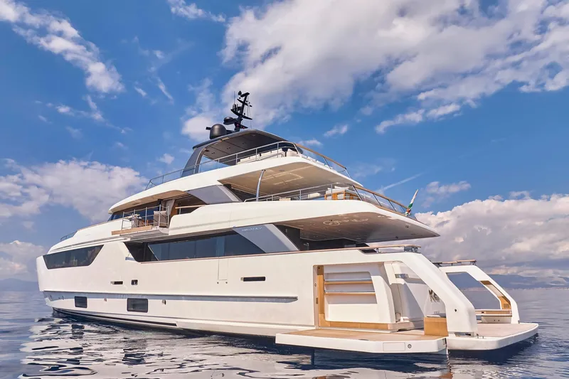 M/y K2 Yacht Photos Pics 2024 Sanlorenzo SD118/156 luxury yacht on calm sea under blue sky.
