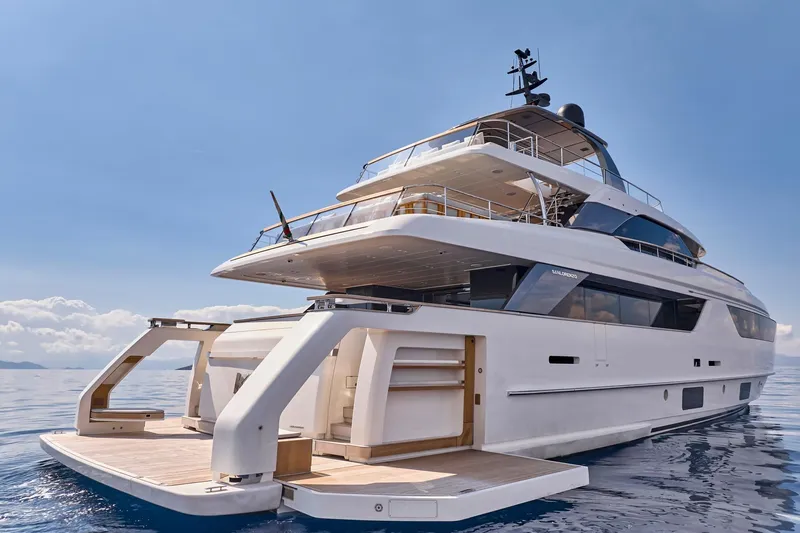 M/y K2 Yacht Photos Pics Luxurious 2024 Sanlorenzo SD118/156 yacht on calm sea under clear sky.