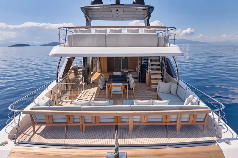 M/y K2 Yacht Photos Pics Luxurious 2024 Sanlorenzo SD118/156 yacht with spacious deck and elegant seating.