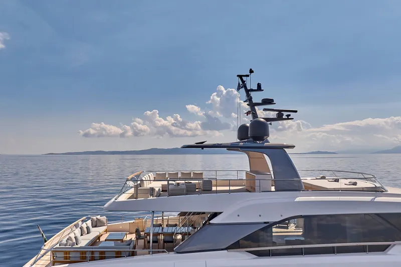 M/y K2 Yacht Photos Pics Luxurious 2024 Sanlorenzo SD118/156 yacht cruising on calm sea under clear sky.