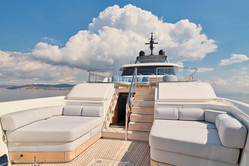 M/y K2 Yacht Photos Pics Luxurious 2024 Sanlorenzo SD118/156 yacht deck with plush seating and scenic ocean view.