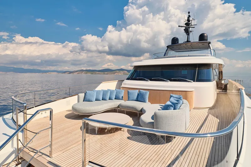 M/y K2 Yacht Photos Pics Luxurious 2024 Sanlorenzo SD118/156 yacht with elegant deck seating and ocean view.