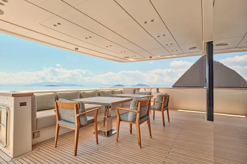 M/y K2 Yacht Photos Pics Luxurious 2024 Sanlorenzo SD118/156 yacht deck with elegant seating and ocean view.