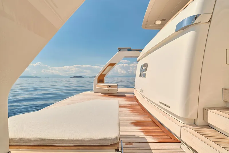 M/y K2 Yacht Photos Pics Luxurious 2024 Sanlorenzo SD118/156 yacht deck with ocean view and elegant design.