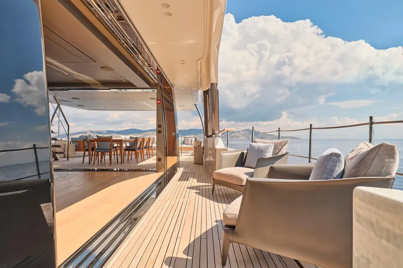 M/y K2 Yacht Photos Pics Luxurious 2024 Sanlorenzo SD118/156 yacht deck with elegant seating and ocean view.