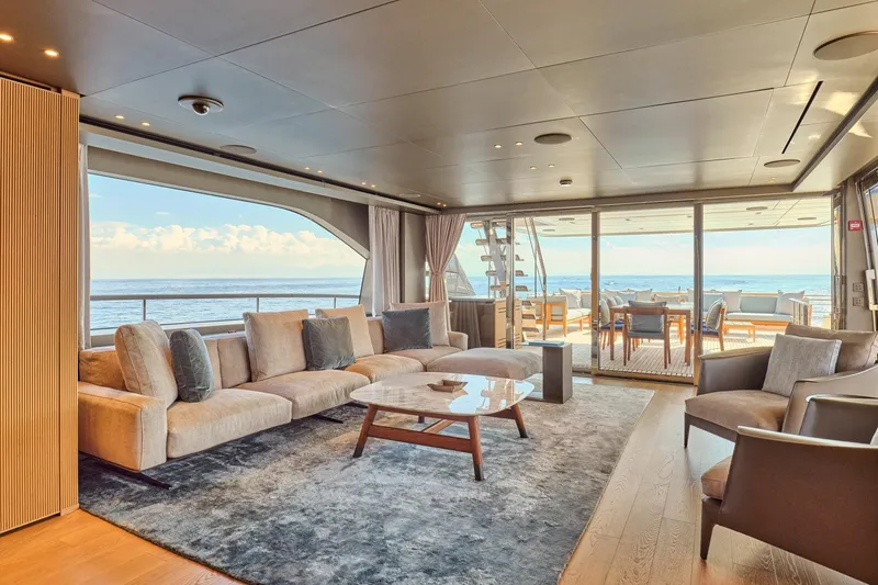 M/y K2 Yacht Photos Pics Luxurious interior of 2024 Sanlorenzo SD118/156 yacht with ocean view and elegant furnishings.