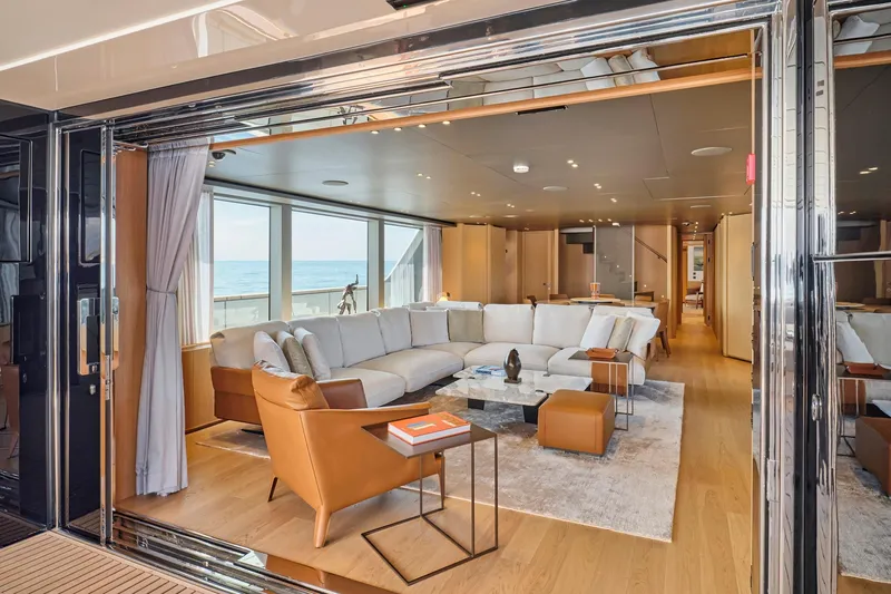 M/y K2 Yacht Photos Pics Luxurious interior of 2024 Sanlorenzo SD118/156 yacht with modern furnishings and ocean view.