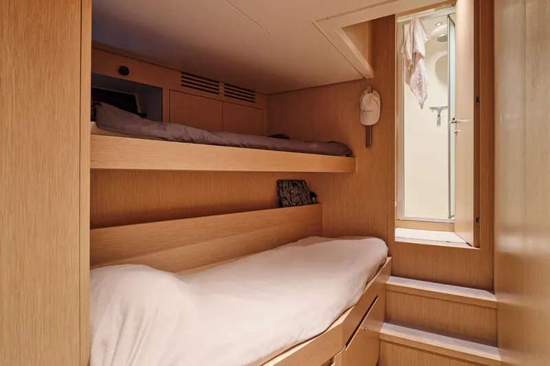 M/y K2 Yacht Photos Pics 2024 Sanlorenzo SD118/156 yacht cabin with bunk beds and ensuite bathroom.