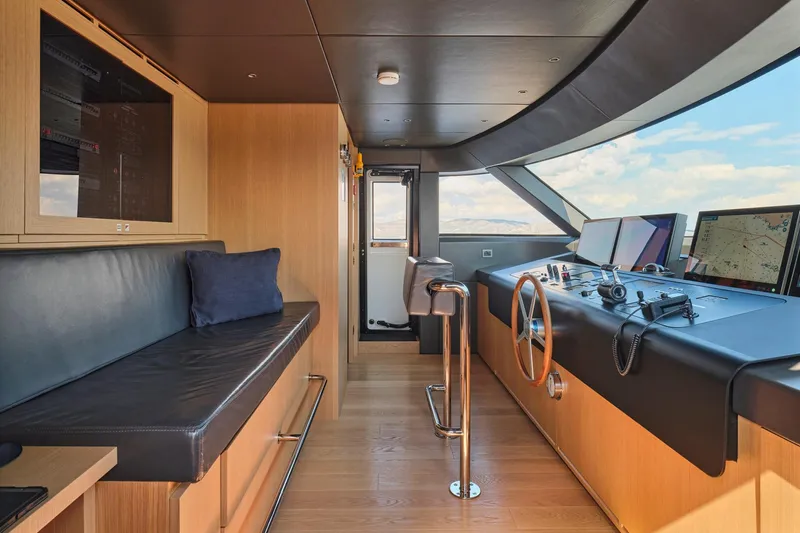 M/y K2 Yacht Photos Pics Luxurious 2024 Sanlorenzo SD118/156 yacht helm with modern navigation equipment and sleek design.