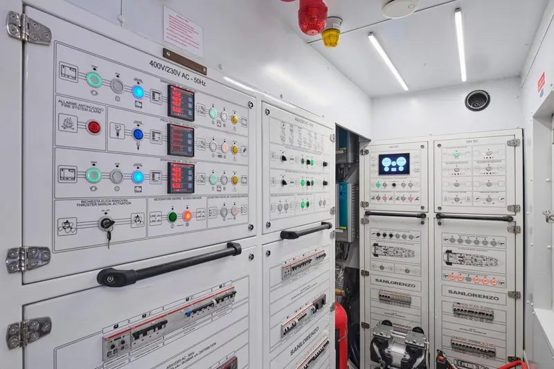 M/y K2 Yacht Photos Pics Electrical control room of 2024 Sanlorenzo SD118/156 yacht, featuring advanced panels and systems.
