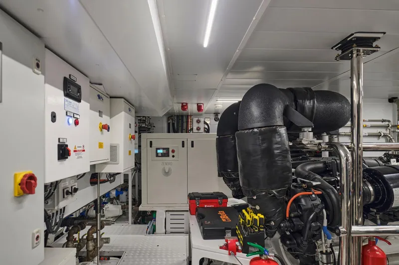 M/y K2 Yacht Photos Pics Engine room of 2024 Sanlorenzo SD118/156 yacht, featuring advanced machinery and control systems.