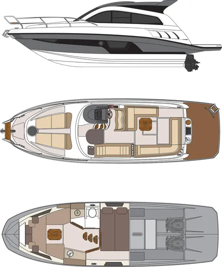 Custom Order Your 355 Today! Yacht Photos Pics 2025 Hanover 355 Outboard boat design with top, side, and interior views.