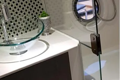 Custom Order Yours Today! Yacht Photos Pics Luxurious bathroom interior of 2025 Hanover 355 Outboard yacht with glass sink and porthole.