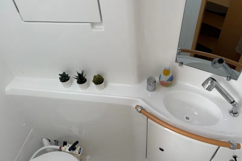 Too Impulsive Yacht Photos Pics Bathroom interior of 2014 Lagoon 380 S2 yacht with sink, faucet, and decorative plants.