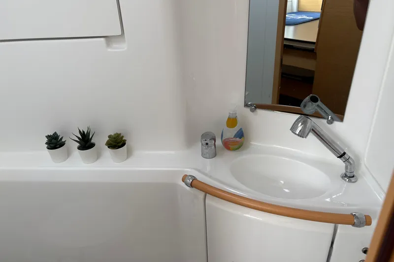 Too Impulsive Yacht Photos Pics Bathroom sink area on 2014 Lagoon 380 S2 yacht with plants and soap.