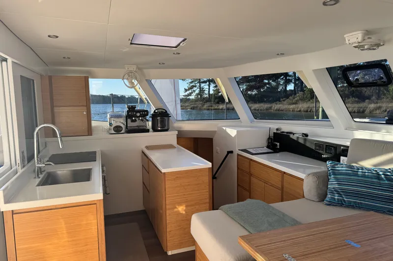 Hokule'a Yacht Photos Pics Modern kitchen interior on 2024 Balance 482 yacht with sleek design and scenic views.