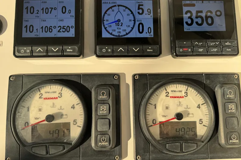 Hokule'a Yacht Photos Pics Control panel of Balance 482 yacht, 2024 model, displaying navigation and engine data.