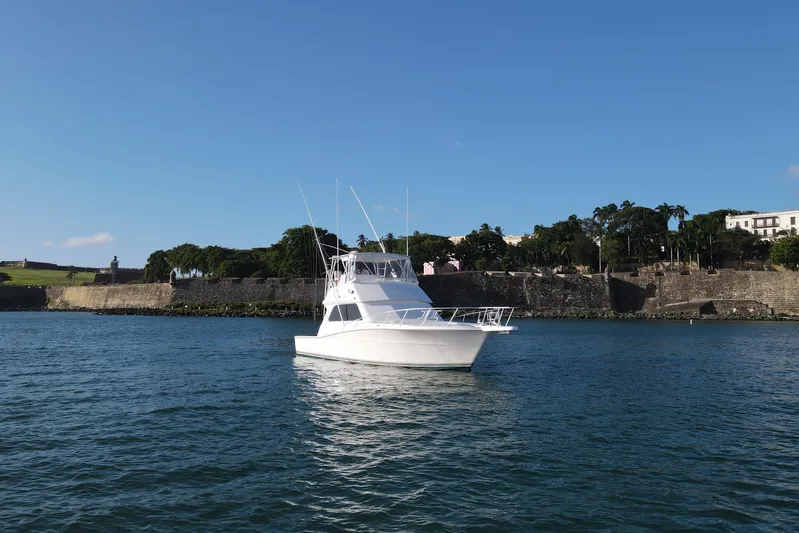 Marlin Magic Yacht Photos Pics 1999 Viking 43 Convertible yacht on calm water near historic stone wall.