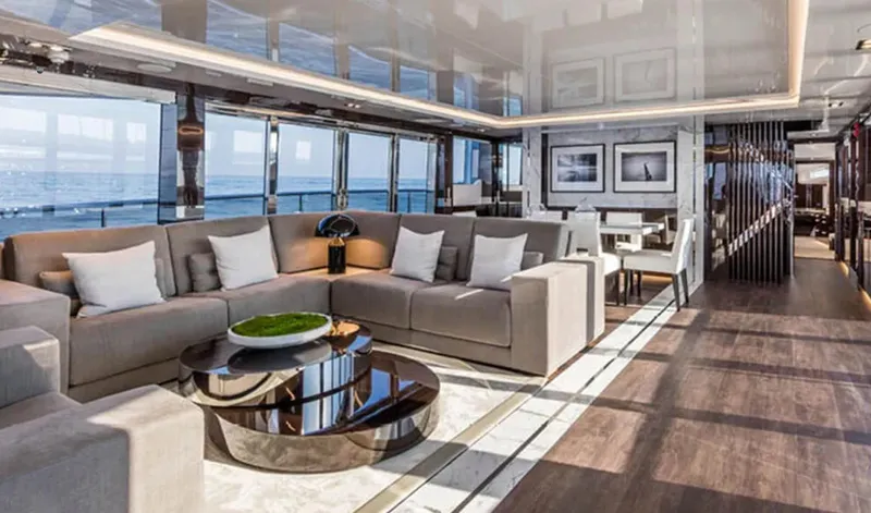  Yacht Photos Pics Luxurious interior of 2025 Pearl 95 yacht with modern decor and ocean view.