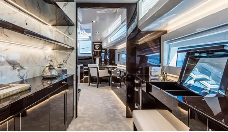  Yacht Photos Pics Luxurious interior of 2025 Pearl 95 yacht with elegant furnishings and modern design.