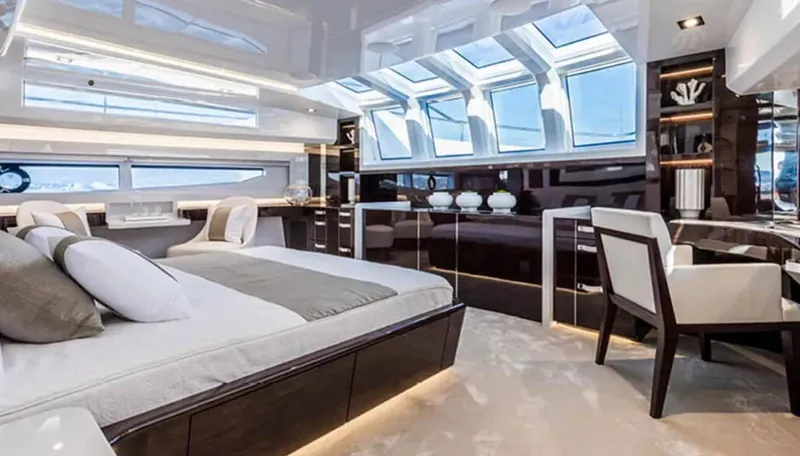  Yacht Photos Pics Luxurious interior of 2025 Pearl 95 yacht with modern design and skylights.