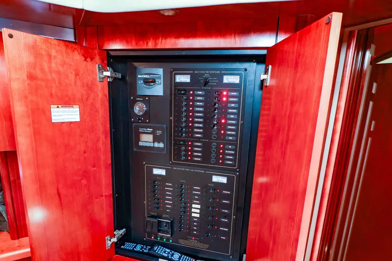 Nauti Buoy Yacht Photos Pics Electrical panel inside 2007 Cruisers 520 Express yacht, featuring control switches and indicators.