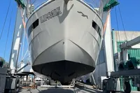 2008 Intermare 50 Fly Bridge yacht in dry dock, viewed from the front.