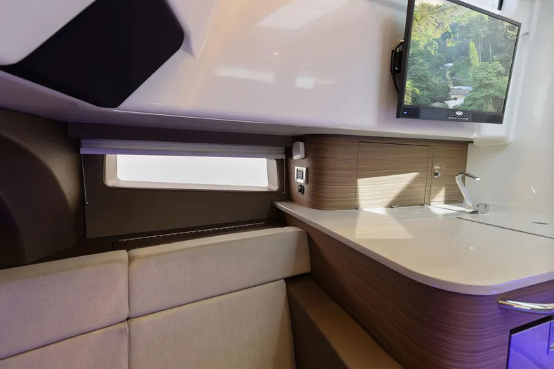 Fan Tail III Yacht Photos Pics Luxurious interior of 2018 Boston Whaler 420 Outrage with modern amenities and sleek design.