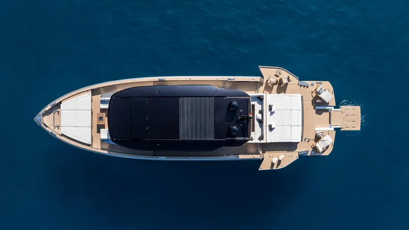  Yacht Photos Pics Top view of 2026 Pardo Yachts GT75 luxury yacht on blue water.