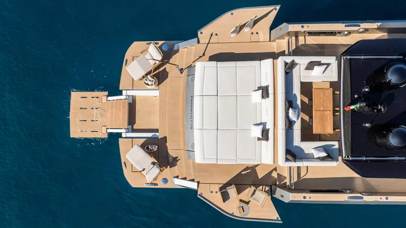  Yacht Photos Pics Top view of 2026 Pardo Yachts GT75 luxury yacht on blue water.